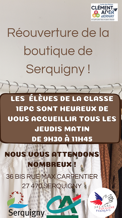 Affiche de la classe 1 EPC annonçant la réouverture de la boutique pédagogique de Serquigny